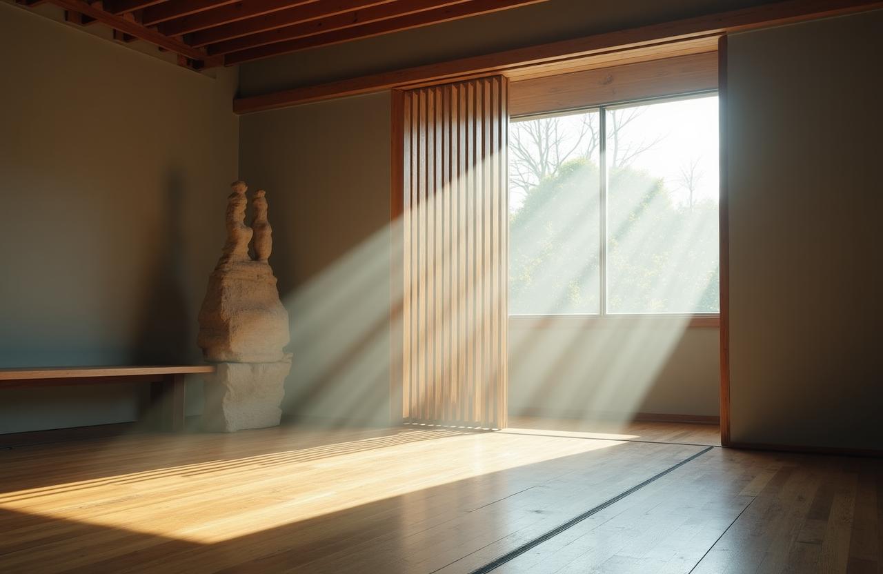 静かなスタジオに差し込む光と彫刻作品